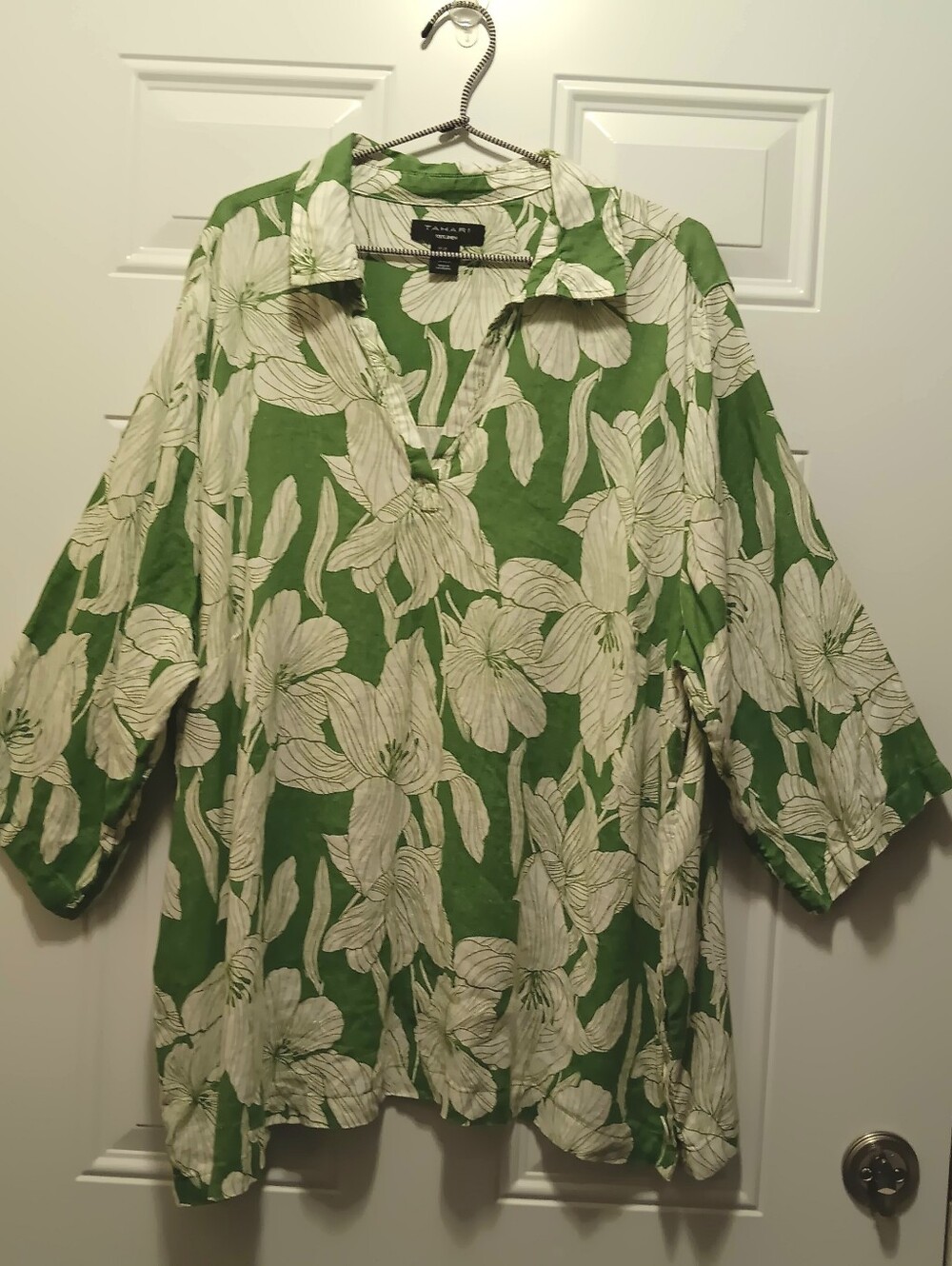 Tahari|  2X Green Tropical Floral Linen Collared Split Neck Top Relaxed Boxy